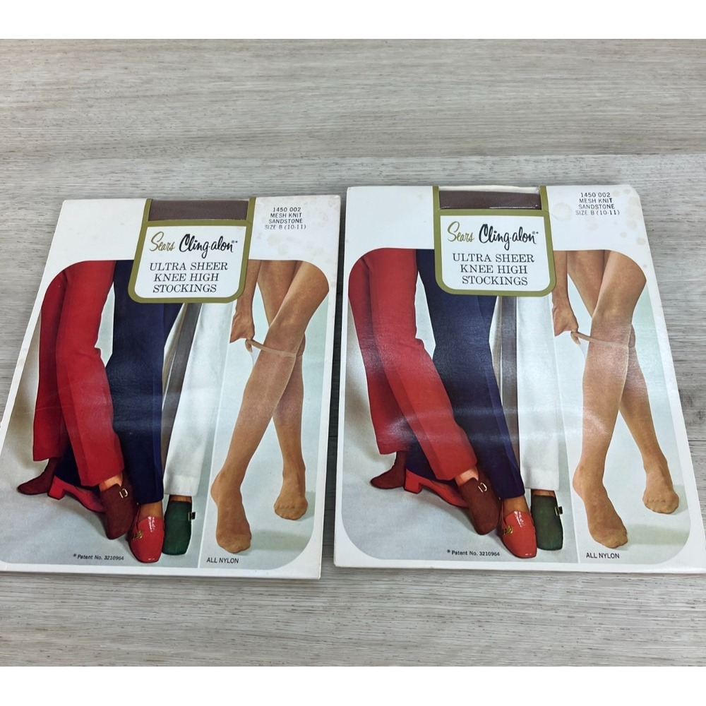 Sears Cling Alon Ultra‎ Sheer Knee High Stockings Size B 10-11 Sandstone 2 Pairs
